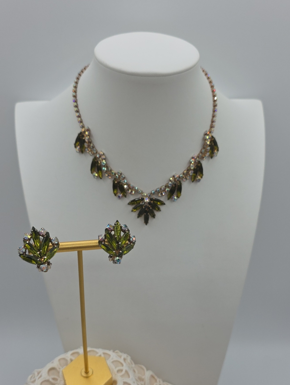Juliana Olive Green Crystal Leaf Necklace, Clip Earring Set Magnificent Vintage